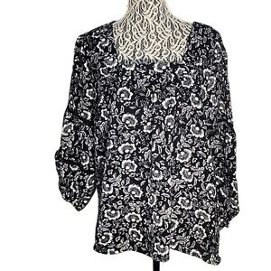 ADRIENNE VITADINI Floral Print Peasant Blouse Square Neck Top‎ Bohemian Style XL